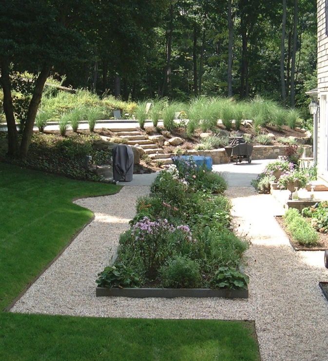 Flower beds next to rock pathway