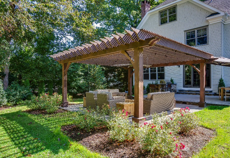 Outdoor seating area under awning