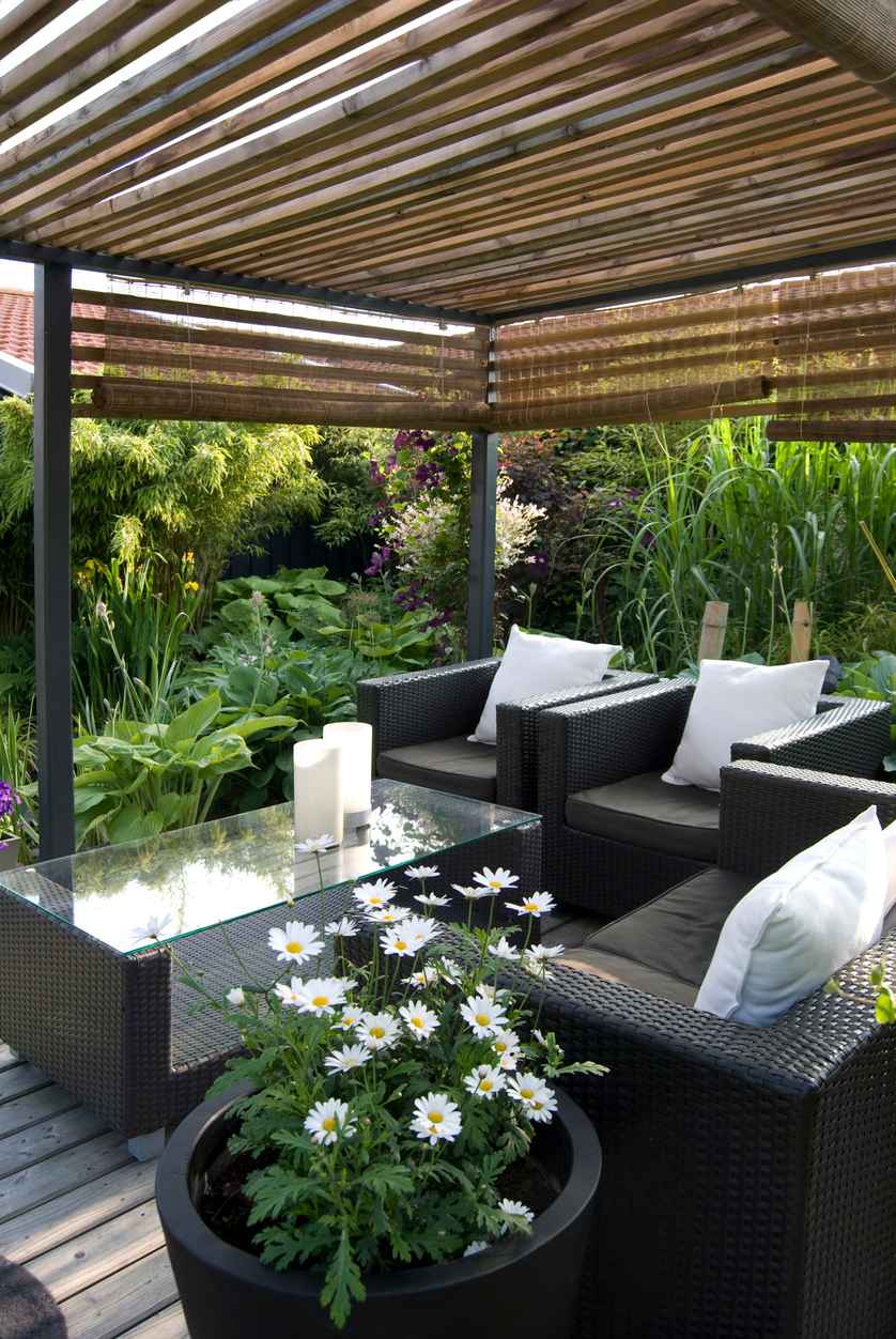 Modern Garden with a pergola and wicker sofa