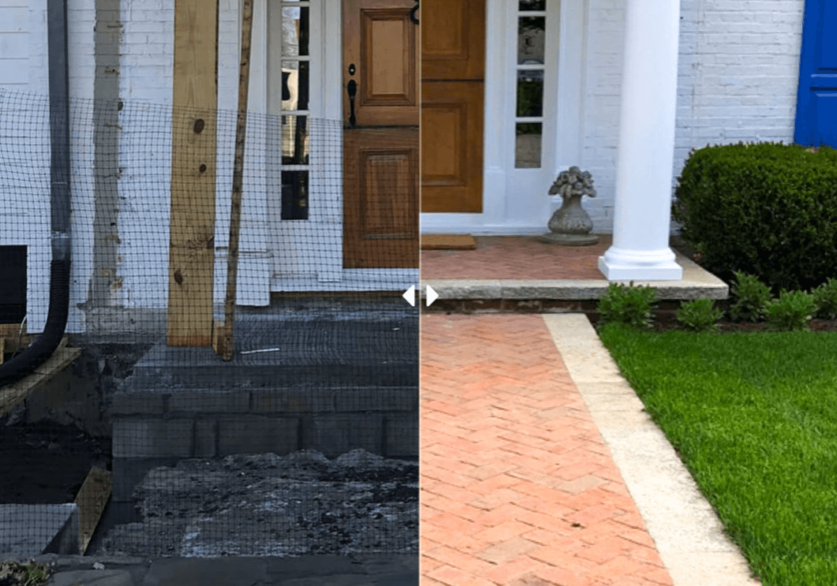 Before and after landscaping by front door